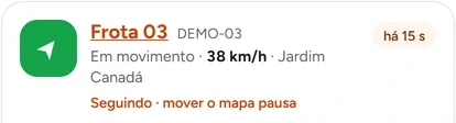 Detalhe ampliado: Frota 03 em movimento a 38 km/h, posição de há 15 segundos
