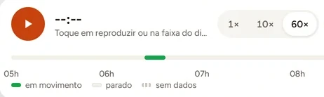 Detalhe ampliado: controle de reprodução com relógio, velocidades 1×, 10× e 60× e a faixa de horas do dia