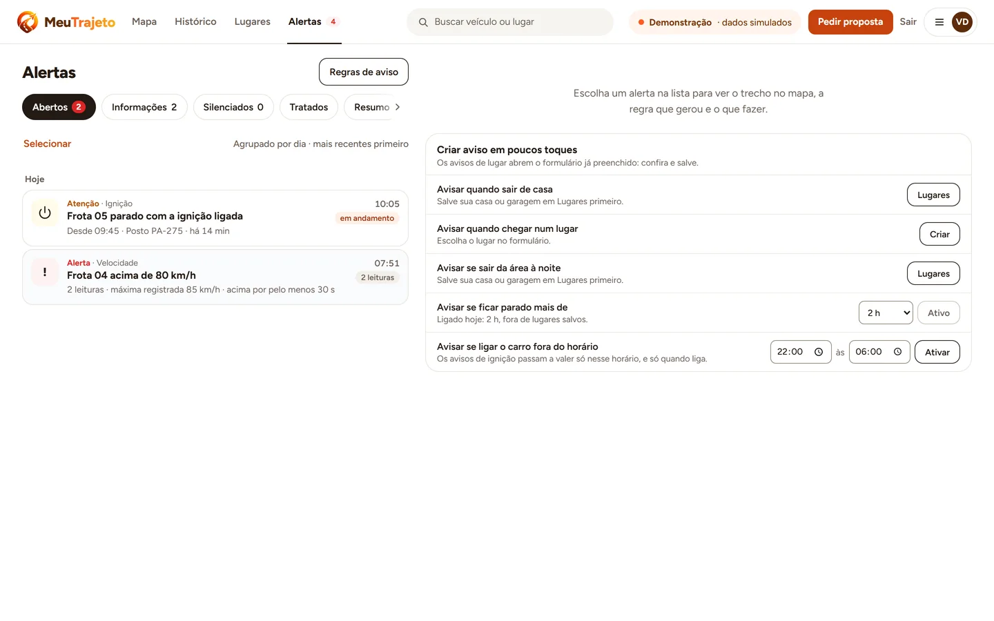 Tela do sistema no computador, com a frota de demonstração